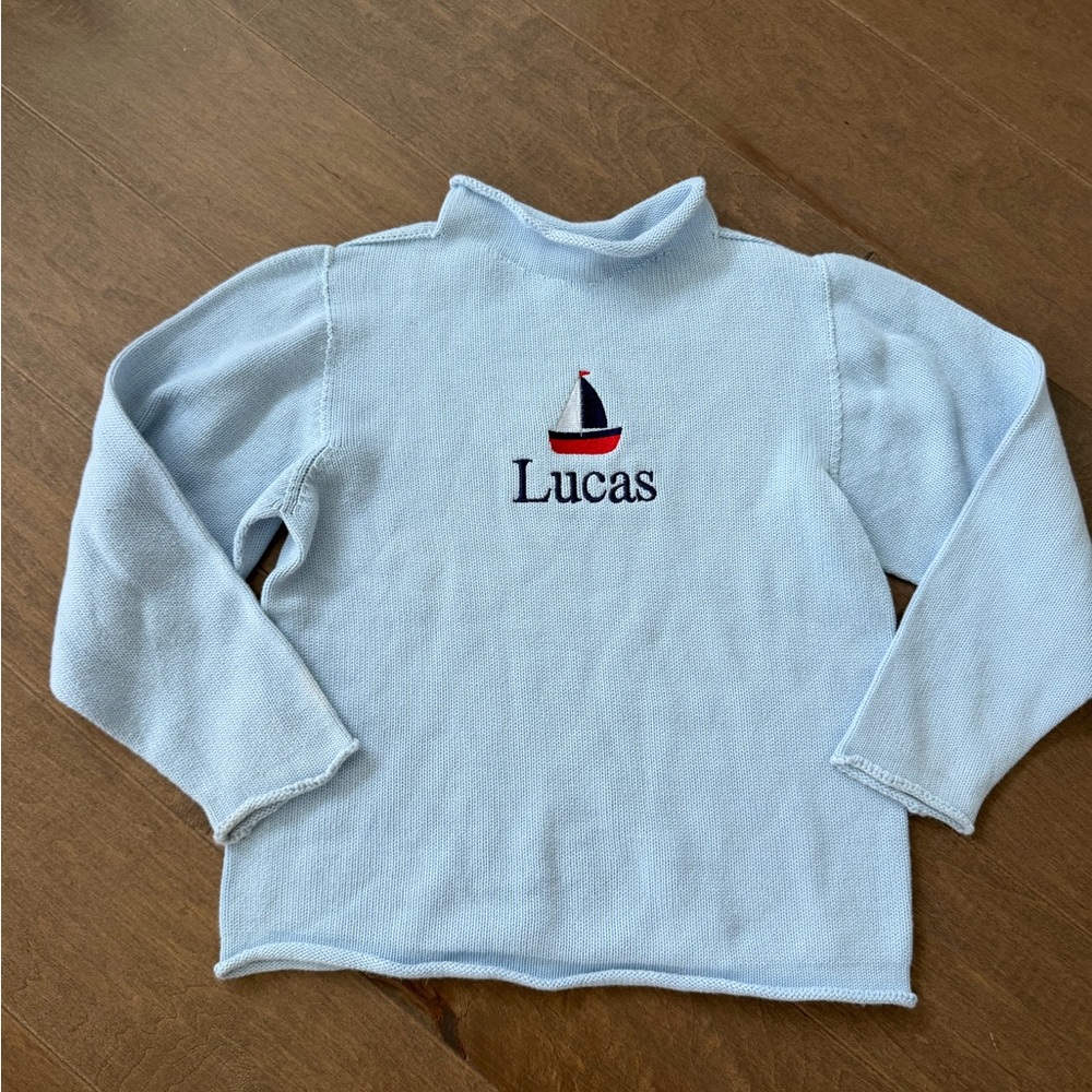 Boys Light Blue Knit Rollneck Sweater with Sailboat and "Lucas" Embroidery